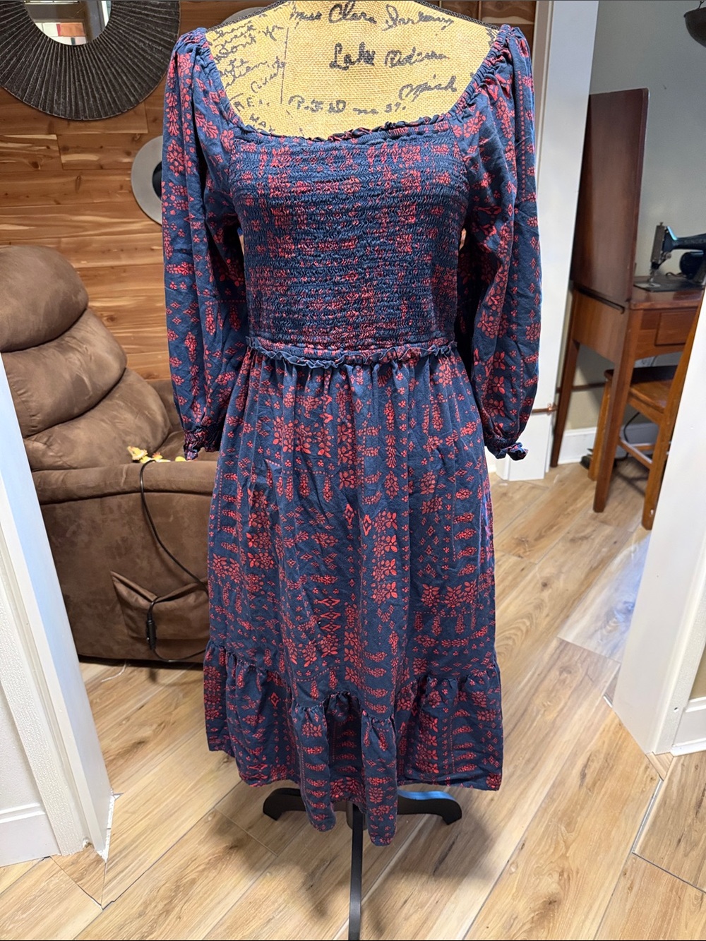 The Pioneer Woman Navy Dress with Coral Print and Smocked Bodice